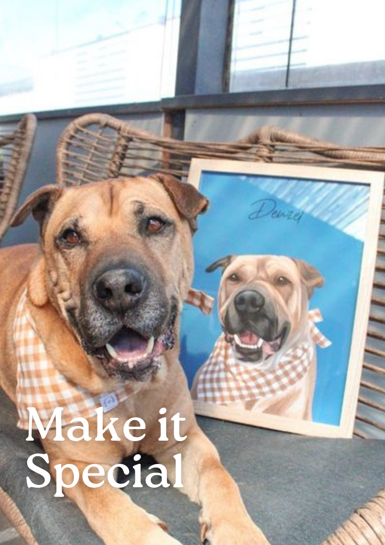 Custom pet portrait of a dog named Denzel beside the real dog