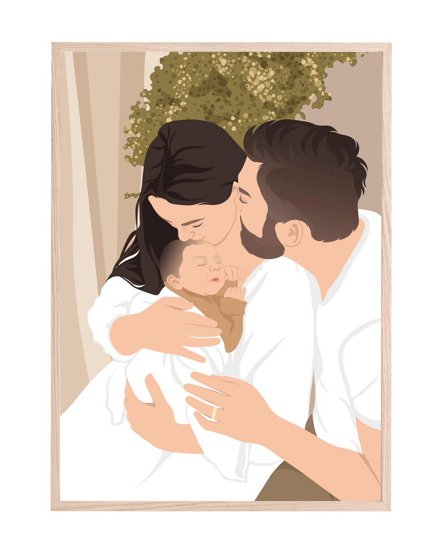Custom hand-drawn family portrait in a frame by The Coco Studio
